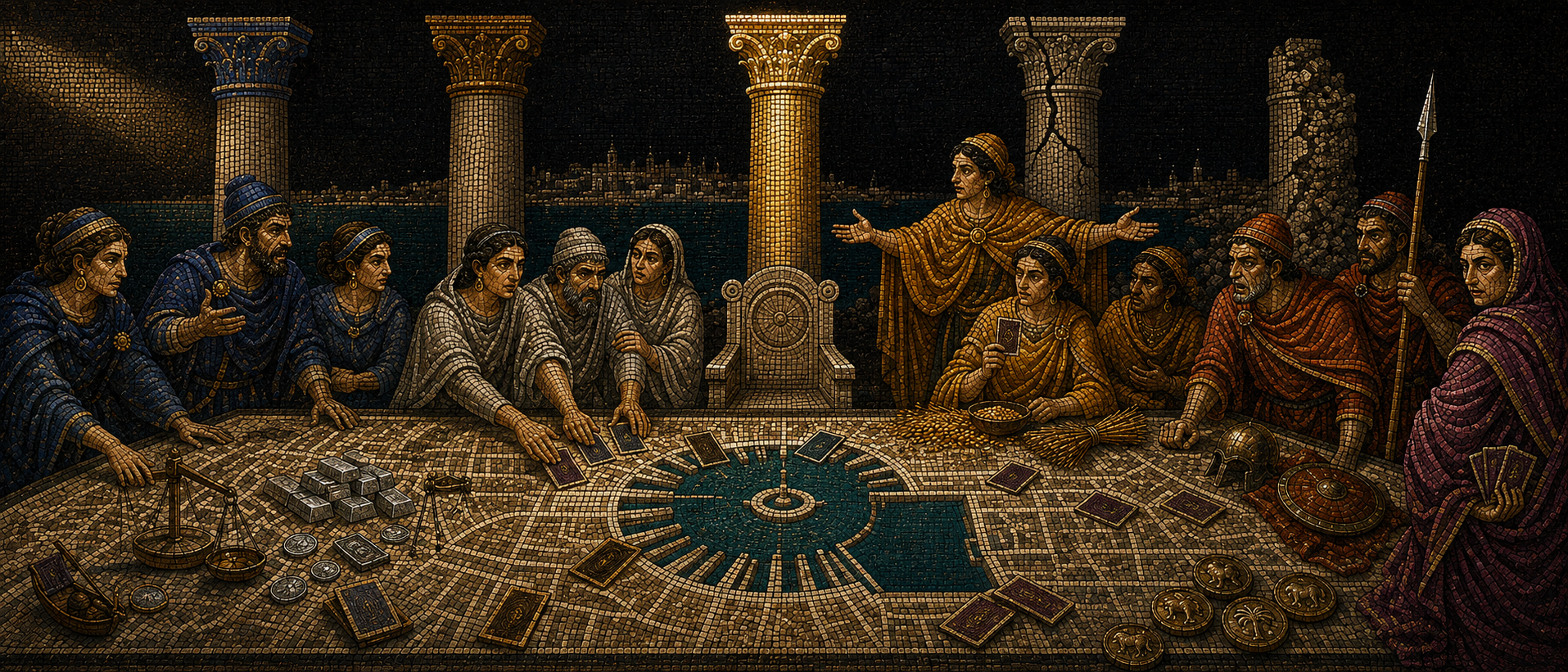 A mosaic scene of robed Carthaginian figures gathered around a round table playing cards, flanked by columns, one lit and one cracked, with silver ingots, wheat sheaves and weapons in frame.