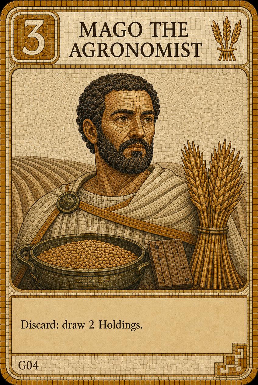 Age of Carthage card G04, Mago the Agronomist. A mosaic portrait of a scholar beside a bowl of grain and a wheat sheaf, framed by a tessellated band in the Grain ramp.