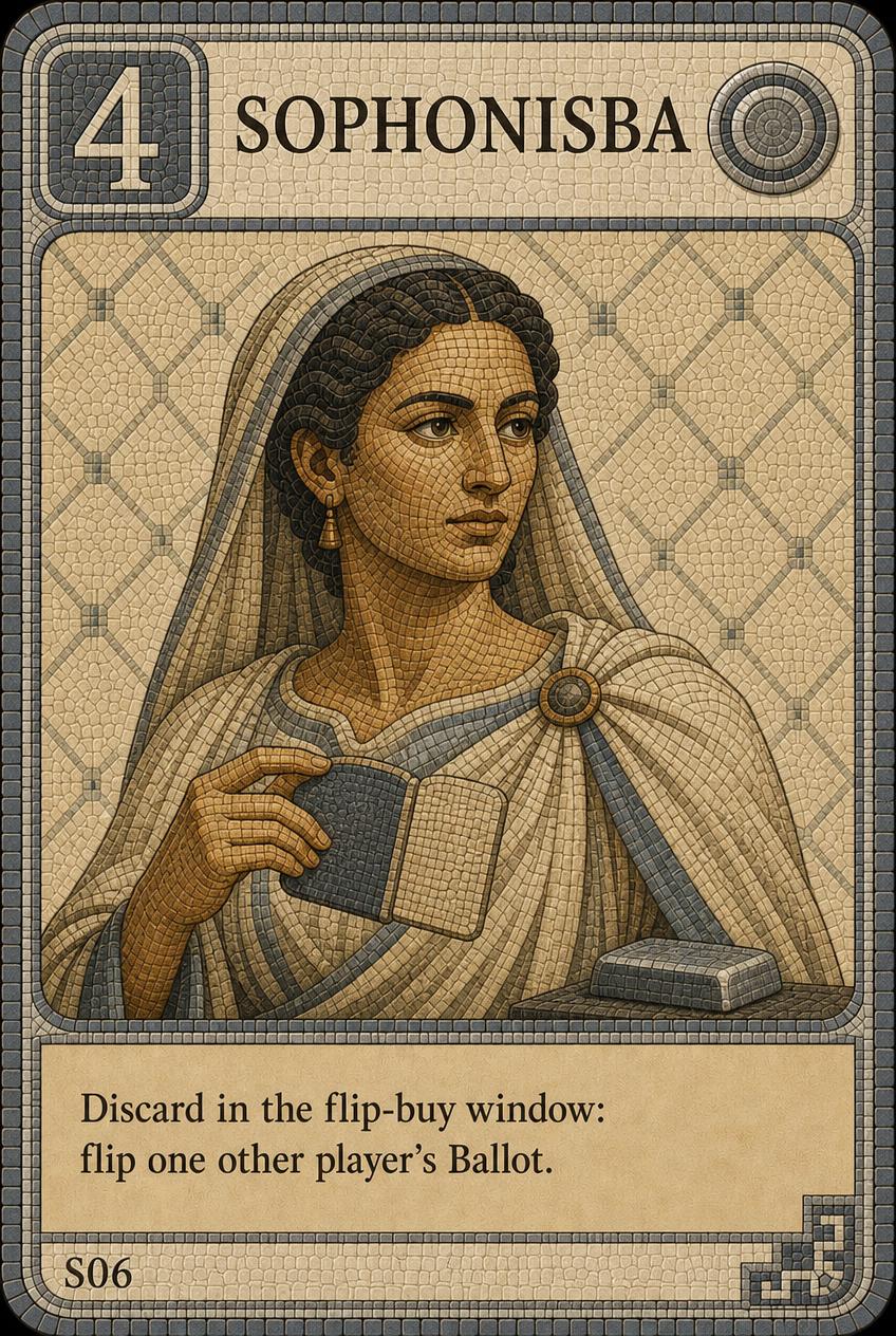Age of Carthage card S06, Sophonisba. A mosaic portrait of a veiled woman holding a wax tablet, framed by a tessellated band with a spiral seal motif.
